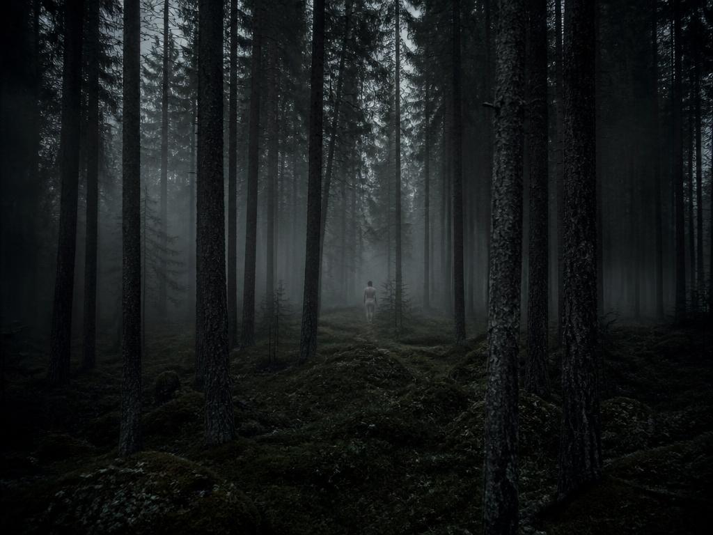 A lone figure in light clothing standing far inside a dark misty pine forest
