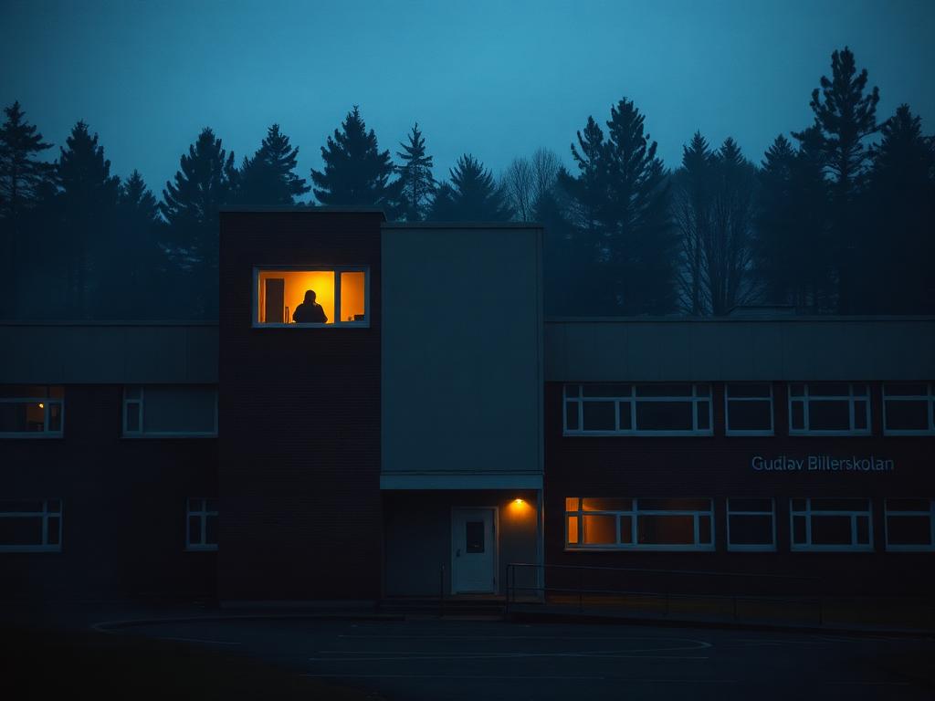 A Swedish high school building at dusk with one lit window and a shadowy figure, dark pine forest behind