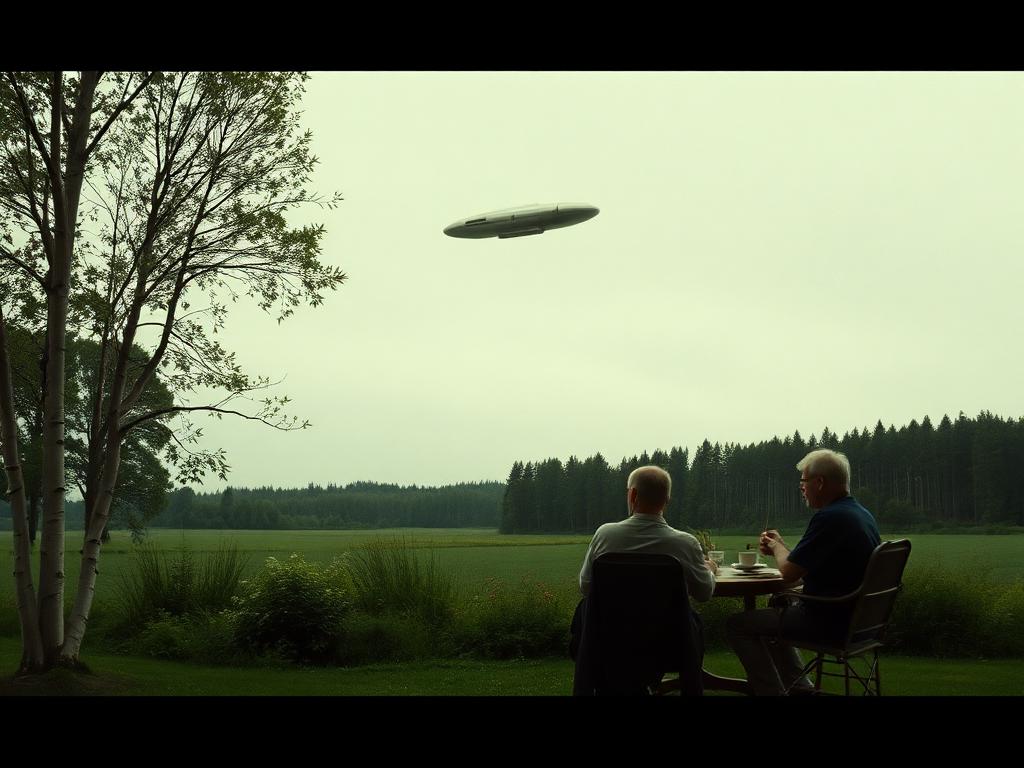 Three people at a garden table in rural Sörböle watching a silver cigar-shaped object pass overhead in a pale summer sky