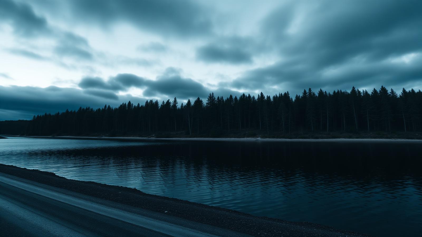 A dark forest lakeshore near Trehörningsjö at dusk