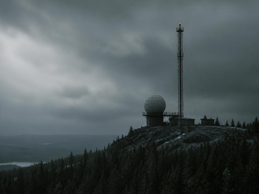 Radar station and mast on the summit of Hemliden above the forest