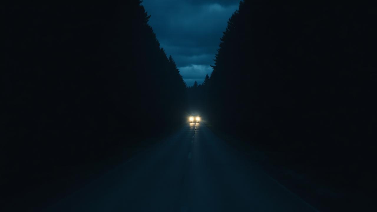A dark gravel road running straight through dense pine forest at dusk, distant headlights glowing far ahead