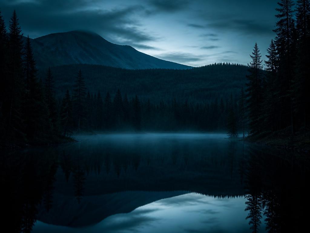A dark forest lake surrounded by spruce with mist rising from the black water and Djupdövelsberget beyond