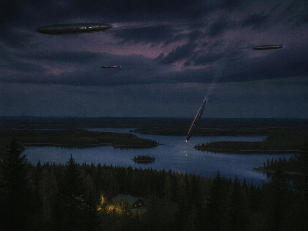 Cigar-shaped metallic objects flying silently above dark pine forests and still lakes at dusk, one diving toward the water